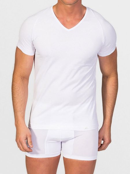 Zero Defects Ranglan: Egyptian Cotton V-Neck-Shirt, weiß